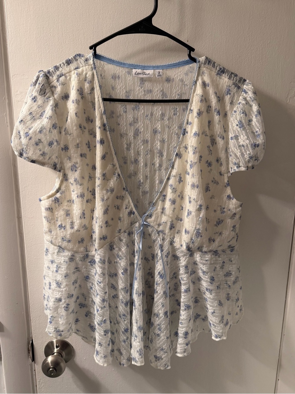 LoveSickFancy Inspired Women's Cream and Light Blue Floral Tie-Front Top